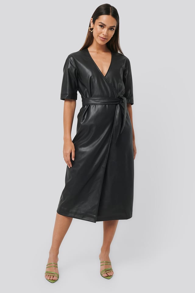 Soft PU Overlap Midi Dress Black