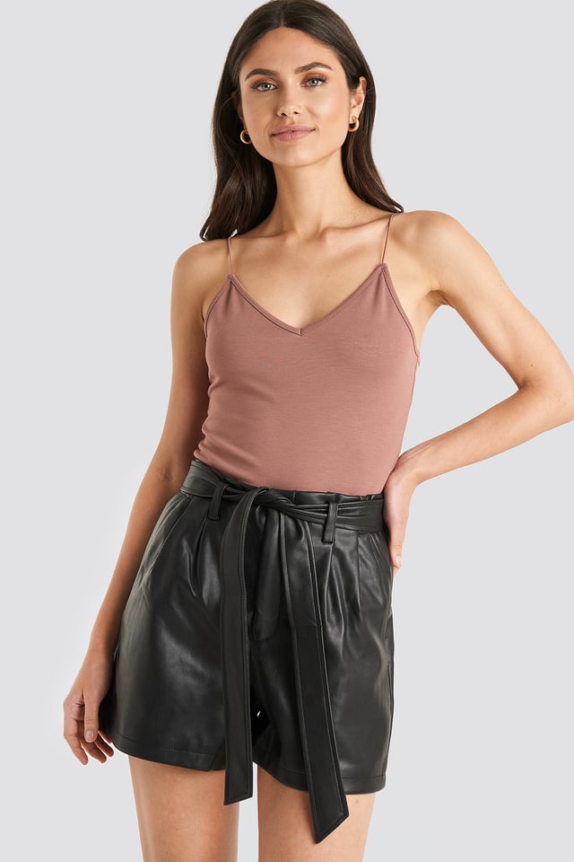 PU Paper Bag Waist Belted Shorts Black