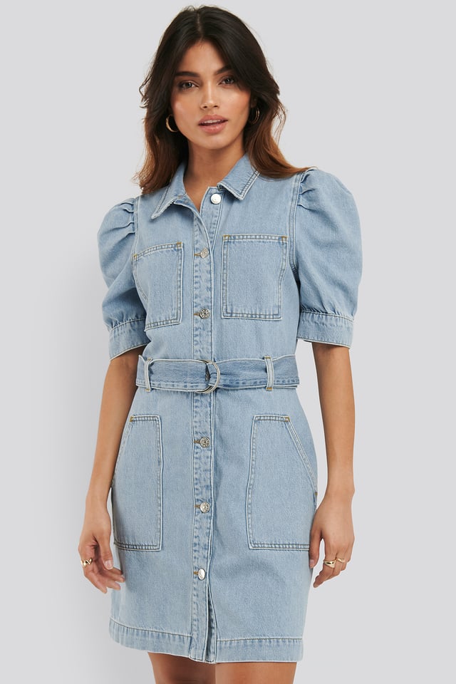 Puhvihihainen Farkkumekko Vyöllä Light Blue