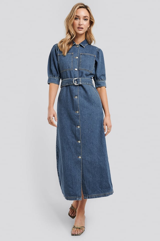 Puff Sleeve Belted Denim Dress Mid Blue