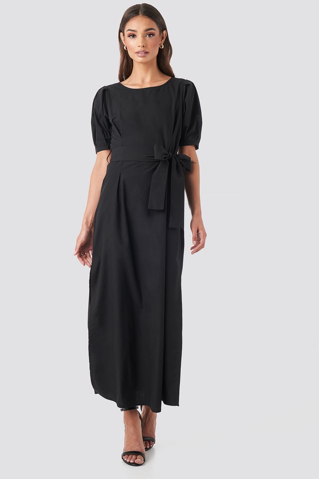 Puff Sleeve Belted Maxi Dress Deep Black