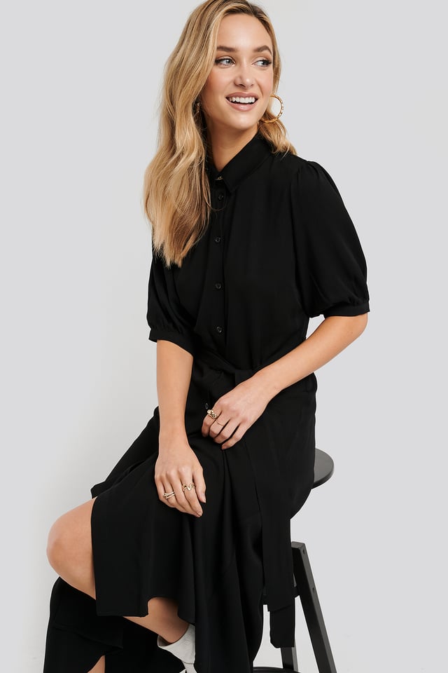 Puff Sleeve Belted Midi Dress Black