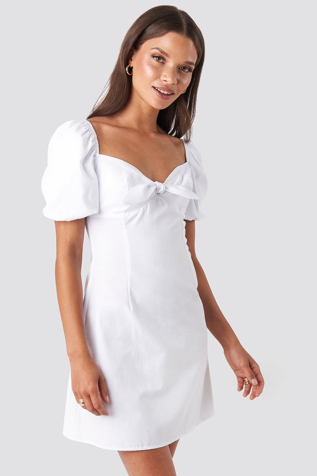 Puff Sleeve Bow Mini Dress White