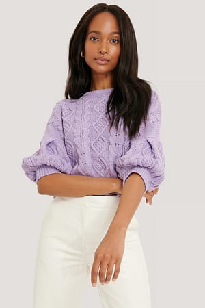 Lilac NA-KD Future Puff Sleeve Cable Knitted Sweater