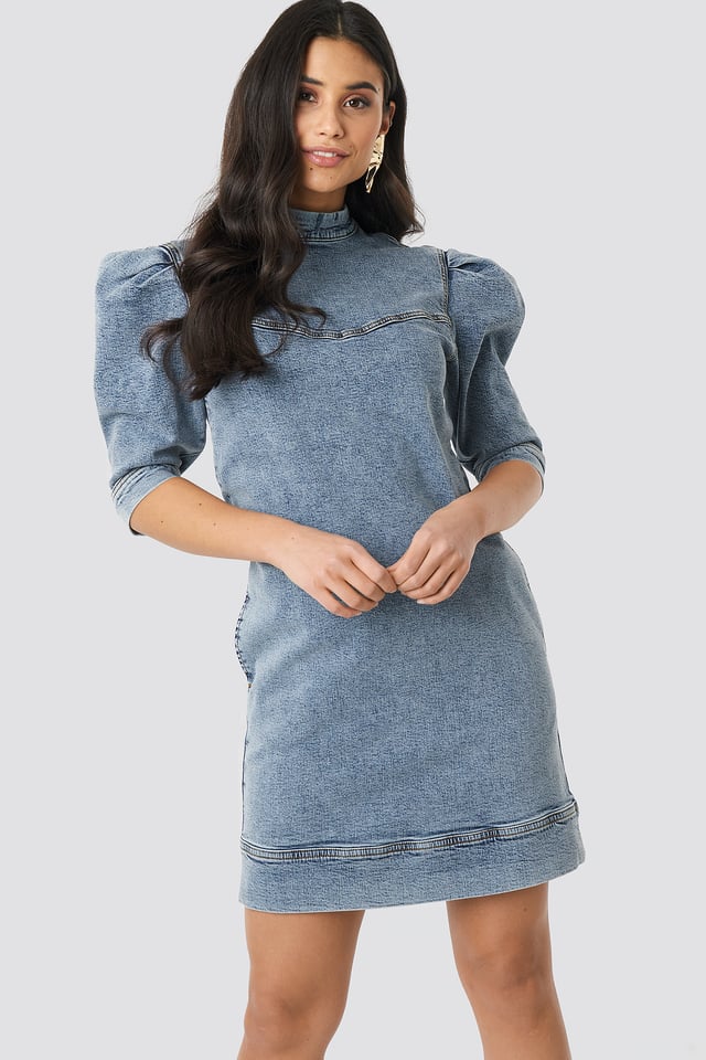 Puff Sleeve Denim Mini Dress Light Blue