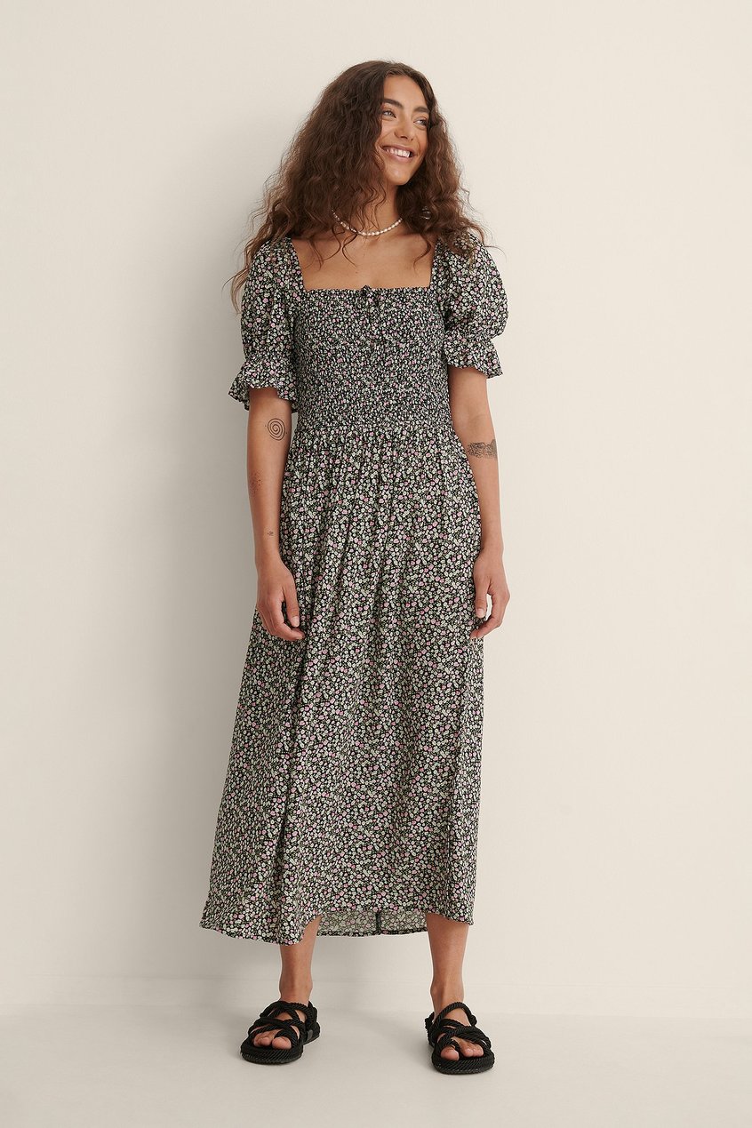 Kleider Print Kleid | Gerüscht Midikleid mit Puffärmeln und einem Schleifen-Detail - DU20738