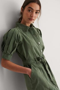 Puff Sleeve Open Hem Denim Dress Green | NA-KD