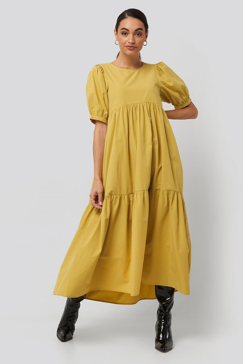 Kleider Midikleider | Puff Sleeve Pleated Tiered Midi Dress - WN10843