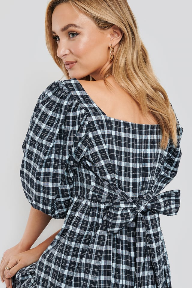 Puff Sleeve Smock Mini Dress Blue Check