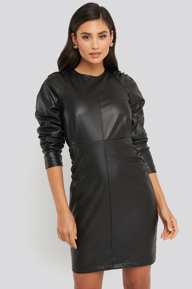 Puff Sleeve Soft Pu Dress Black