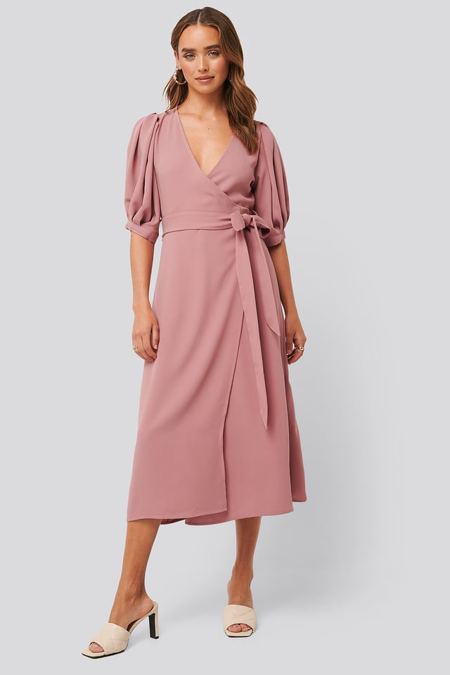Puff Sleeve Wrap Midi Dress Dusty Rose