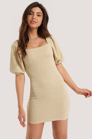 Beige Check Puff Sleeved Check Dress