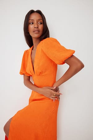 Orange Puff Sleeved Midi Dress