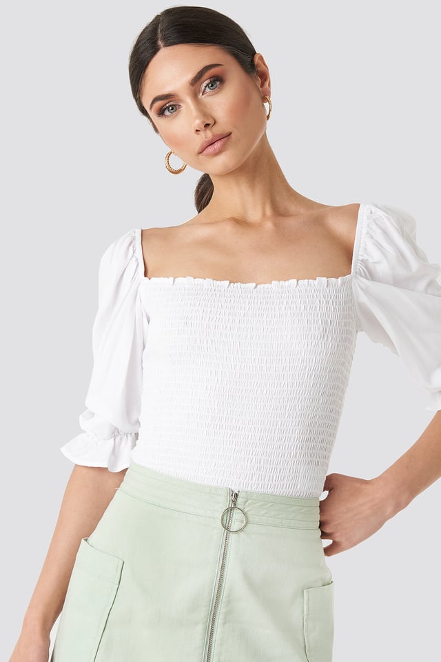 Puff Sleeves Shirring Top White