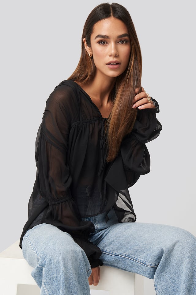 Puffy Sleeve Draped Chiffon Blouse Black