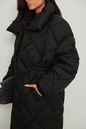 Black Quilted Drawstring Padded Jacket