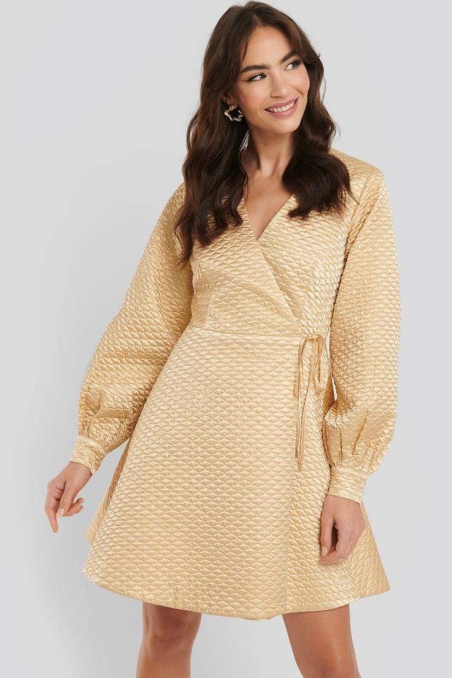Quilted Overlap Satin Dress Beige