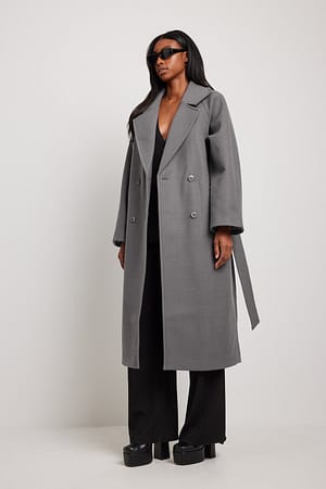 Grey Raglan Sleeve Belted Coat