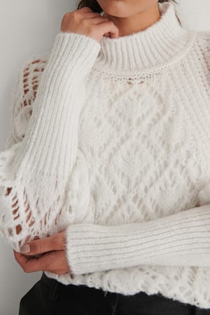 Raglan Sleeve Pointelle Stitch Knitted Sweater White | NA-KD