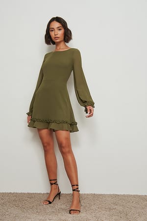 Dark Olive Recycled Frill Detail Long Sleeve Dress