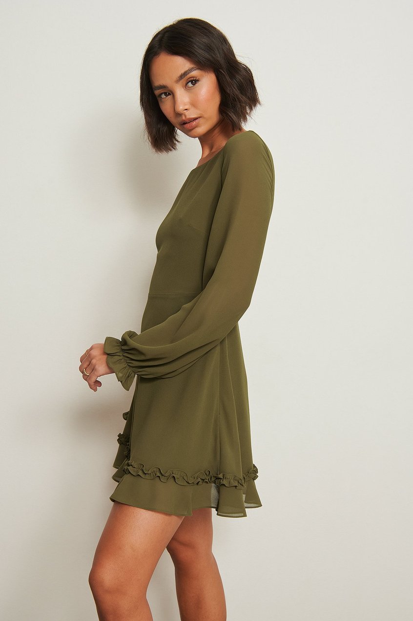 Kleider Silvester Kleidung | Recyceltes Kleid mit langen Ärmeln und Rüschen-Detail - NX62001