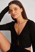 Black Front Tie Ribbed Loungewear Top