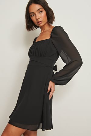Black Recycled Long Sleeve Ruched Detail Dress