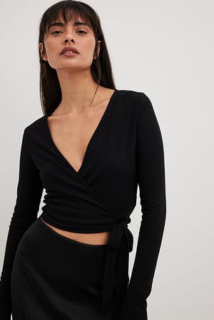 Recycled Ribbed Wrap Top Black