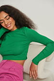 Green Round Neck Ribbed Long Sleeve Crop Top