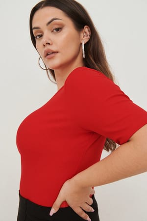 Red Recycled Round Neck Ribbed Top