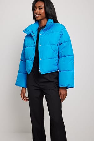 Blue Recycled Short Padded Press Button Jacket