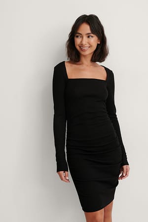 Black Recycled Square Neck Rouched Dress