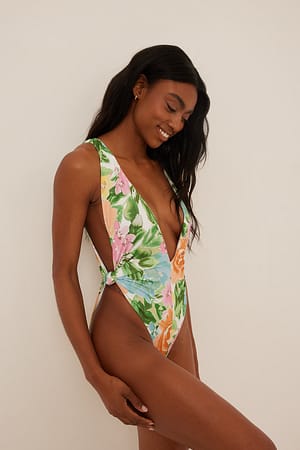 Bright Summer Print Recycelter Badeanzug mit Knoten und V-Ausschnitt