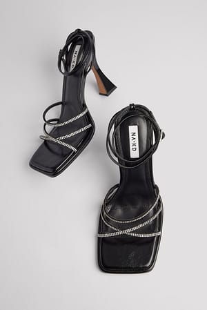 Black/Silver Høye hæler med firkantet tå og strass