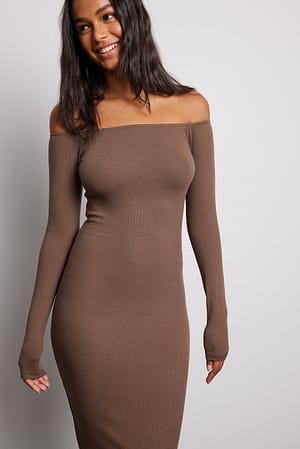 Brown Rib Bare Shoulder Midi Dress