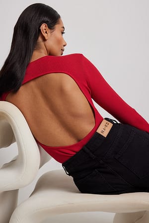 Red Rib Knitted Back Detail Top