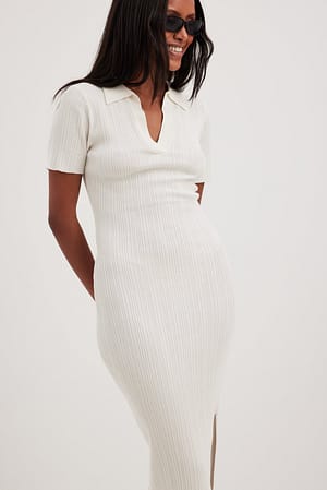 White Rib Knitted Collar Midi Dress