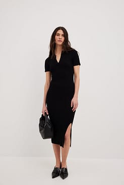 Rib Knitted Collar Midi Dress Outfit.