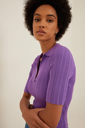 Lilac Rib Knitted Collar Short Sleeve Top