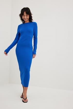 Blue Rib Knitted Corset Detail Midi Dress