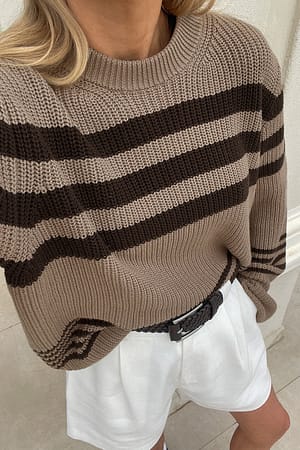 Light Beige/Brown Stripe Sweter z prążkowanej dzianiny w paski