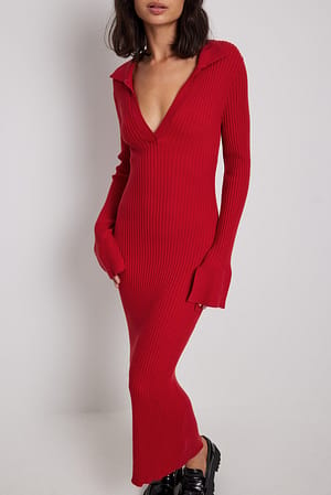 Red Rib Knitted Trumpet Sleeve Dress