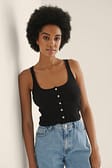 Black Ribbed Cropped Button Top
