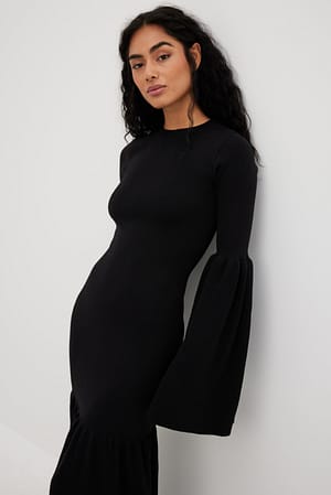 Black Ribbed Flouncy Knitted Dress
