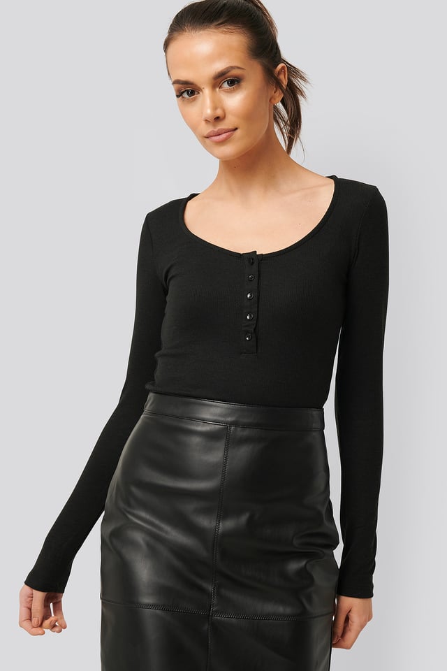 Ribbed Henley Top Black
