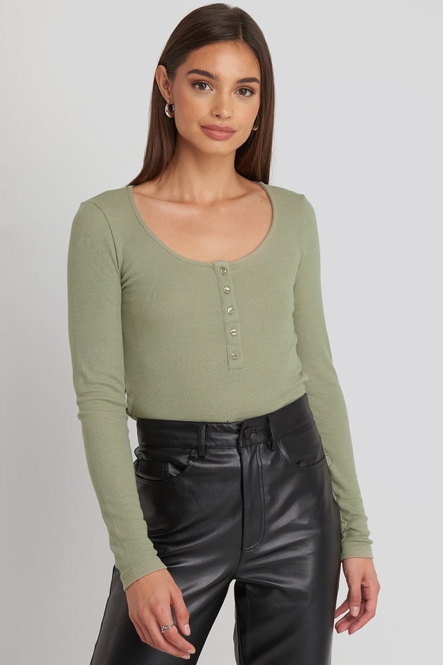 Ribbed Henley Top Khaki