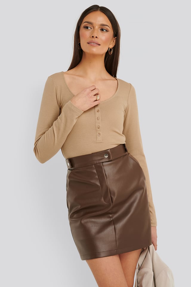 Ribbed Henley Top Light Beige