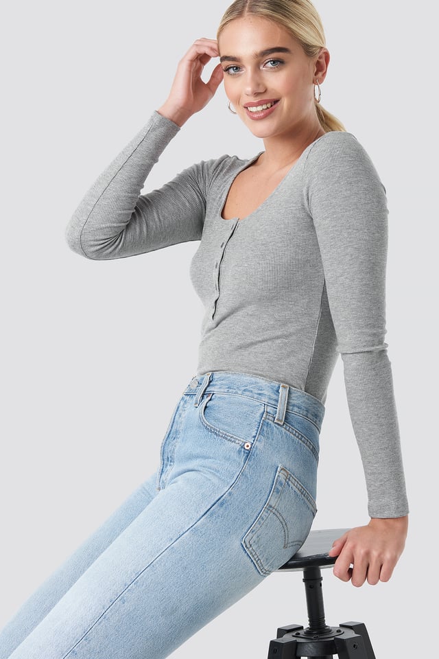 Ribbed Henley Top Grey Melange