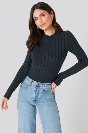 Dark Blue NA-KD Ribbed High Neck Knitted Sweater