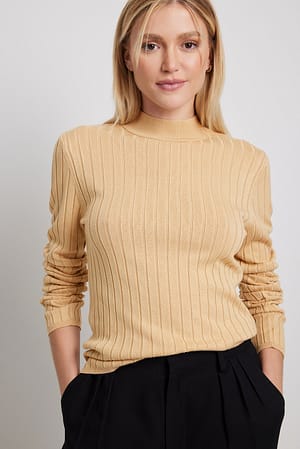 Camel Ribbed High Neck Knitted Sweater